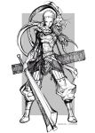  1boy belt boots closed_mouth commentary diren english_commentary full_body gauntlets greyscale highres holding holding_sword holding_weapon limha_lekan looking_at_viewer male_focus monochrome official_art pants scabbard scarf serious sheath short_hair solo soulless standing sword toned toned_male very_short_hair weapon 