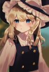  1girl alternate_eye_color bangs black_vest blonde_hair blue_eyes blurry blurry_background blush bow braid buttons eyebrows_behind_hair eyebrows_visible_through_hair hair_between_eyes hat highres kirisame_marisa long_hair looking_to_the_side mendako_(mendaco_e) parted_lips side_braid simple_background single_braid solo touhou upper_body vest white_bow witch_hat 