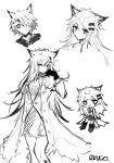  1girl animal_ears arknights coat eyebrows_visible_through_hair gloves hair_between_eyes hair_ornament highres lappland_(arknights) long_hair looking_at_viewer multiple_views oripathy_lesion_(arknights) ringo8010 scar scar_across_eye short_hair signature sketch smile white_background 