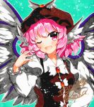  1girl animal_ears artist_name bad_id bad_pixiv_id bird_ears bird_wings blush brown_dress brown_headwear dress earrings eyebrows_visible_through_hair fingernails frilled_sleeves frills jewelry juliet_sleeves long_fingernails long_sleeves mystia_lorelei one_eye_closed open_mouth pink_eyes pink_hair puffy_sleeves qqqrinkappp sharp_fingernails short_hair signature single_earring smile solo touhou traditional_media upper_body white_wings winged_hat wings 