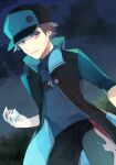  1boy alternate_color baseball_cap black_coat black_headwear black_pants brown_eyes brown_hair closed_mouth clouds coat commentary_request hat highres holding holding_poke_ball looking_at_viewer male_focus night norisukep outdoors pants poke_ball poke_ball_(basic) pokemon pokemon_(game) pokemon_masters_ex red_(pokemon) shirt sky sleeveless_coat sleeves_past_elbows smile solo 