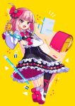  1girl absurdres backpack bag bangs blunt_bangs blush bow eyebrows_visible_through_hair fang gakuto_96 green_hair highres looking_at_viewer medium_hair multicolored_hair open_mouth original pink_bow pink_eyes pink_hair simple_background smile solo yellow_background 