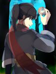  1boy bangs black_hair black_shirt blue_eyes commentary_request fanny_pack from_behind grey_jacket hand_up highres holding holding_poke_ball jacket looking_back male_focus norisukep open_mouth poke_ball poke_ball_(legends) pokemon pokemon_(game) pokemon_legends:_arceus ponytail red_scarf rei_(pokemon) scarf shirt solo yellow_bag 
