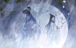  absurdres black_hair chinese_clothes closed_eyes curtains dress flute from_side hair_bun hair_ornament highres instrument long_hair lu_xueqi_(zhu_xian) manhuang_xing_zhuye moon stick upper_body white_dress zhu_xian 