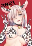  1girl 2021 animal_ears animal_print bangs bell bikini black_collar blue_eyes blush body_writing breasts chinese_zodiac collar cow_ears cow_horns cow_print grey_hair hair_between_eyes hair_ornament hairclip hamakaze_(kancolle) horns index_finger_raised kantai_collection large_breasts mimamui neck_bell new_year parted_lips red_background short_hair simple_background solo swimsuit twitter_username upper_body v year_of_the_ox 