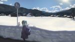  1girl absurdres bare_tree blue_coat blue_eyes blue_hair blue_sky cinderella_(vocaloid) clouds coat glasses hands_in_pockets hatsune_miku highres house long_hair mon2nd mountain mountainous_horizon road road_sign scarf scenery sign sky snow solo tree twintails vocaloid walking white_scarf 