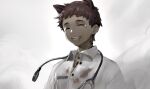  1boy absurdres animal_ears arknights blood blood_on_clothes blood_on_face brown_hair closed_eyes commentary_request crying dark_skin dog_ears fangs five-fall highres male_focus miarow_(arknights) open_mouth oripathy_lesion_(arknights) shirt simple_background smile solo stethoscope upper_body white_shirt wing_collar 