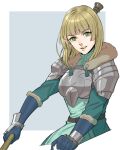  1girl armor bangs belt blonde_hair blunt_bangs blunt_ends border breastplate commentary eyebrows_visible_through_hair fire_emblem fire_emblem:_three_houses gloves green_eyes grey_background highres holding ingrid_brandl_galatea looking_at_viewer open_mouth radiostarkiller simple_background solo teeth two-tone_background white_border 