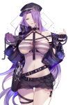  1girl absurdres barcode black_survival breasts chain choker cowboy_shot eternal_return:_black_survival gevjon gun hair_over_one_eye handgun hat highres holstered_weapon large_breasts laura_(black_survival) long_hair looking_at_viewer midriff navel official_alternate_costume pistol prison_clothes purple_hair revolver short_shorts shorts smile solo strapless torn_clothes torn_shorts tube_top under_boob very_long_hair violet_eyes weapon white_background 