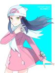  1girl beanie black_hair blue_background border buttons closed_mouth coat commentary_request eyelashes floating_hair hair_ornament hairclip hand_up hat highres hikari_(pokemon) jewelry long_hair long_sleeves norisukep pink_coat poke_ball_print pokemon pokemon_adventures poketch ring scarf smile solo watch watch white_border white_headwear white_scarf yellow_eyes 
