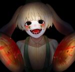1boy absurdres animal_ears black_eyes blonde_hair blood blurry blush_stickers bunzo_bunny collared_shirt cymbals empty_eyes facial_mark grin highres holding holding_instrument horror_(theme) humanization instrument male_focus open_mouth personification poppy_playtime rabbit_ears sharp_teeth shirt short_hair smile solo suspenders teeth thick_eyebrows zero_(ribia)