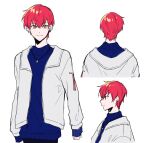  1boy blue_sweater brown_eyes chanms cpt_(crazy_raccoon) crazy_raccoon earrings eyebrows_visible_through_hair grey_jacket hair_behind_ear highres jacket jewelry male_focus multiple_views necklace redhead single_earring sketch sleeves_past_wrists smile sweater white_background 