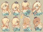  1girl aqua_dress blonde_hair blue_eyes blush brooch crown crying dress earrings expressions hair_over_one_eye hand_on_own_chin happy jewelry nonana_(galaxycat89p13) off-shoulder_dress off_shoulder playing_with_own_hair pout rosalina smile star_(symbol) star_brooch star_earrings super_mario_bros. super_mario_galaxy surprised thinking wand 