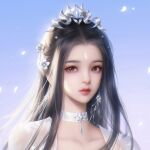  1girl backlighting beads black_hair blue_sky chinese_clothes collar earrings facial_mark falling_petals forehead_mark hair_ornament highres jewelry long_hair looking_at_viewer lu_xueqi_(zhu_xian) petals shiny shiny_hair sky solo upper_body xuner_nan_feng_zhi_wo_yi zhu_xian 