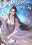  1girl absurdres branch brown_hair brush chinese_clothes dress earrings facial_mark flower forehead_mark hair_bun hair_ornament hantiaotiao_de_zhaojun highres jewelry long_hair looking_at_viewer lu_xueqi_(zhu_xian) petals ripples scroll solo upper_body water white_dress writing zhu_xian 