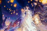  1girl absurdres black_hair building chinese_clothes dress earrings facial_mark forehead_mark hair_bun hair_ornament highres jewelry lantern lantern_festival long_hair lu_xueqi_(zhu_xian) lu_xueqi_tongren_ye mountain night paper_lantern sky_lantern solo star_(sky) upper_body white_dress zhu_xian 