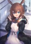  1girl :d absurdres amiya_(arknights) animal_ears arknights ascot black_jacket black_ribbon blue_ascot blue_collar blue_eyes blurry blurry_background collar cowboy_shot dress ear_piercing hair_between_eyes hands_up highres hood hood_down hooded_jacket jacket jewelry long_sleeves looking_at_viewer multiple_rings open_mouth oripathy_lesion_(arknights) piercing rabbit_ears ribbon ring smile solo trrcmb white_dress 