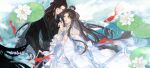  1boy 1girl aathenes_luo_guo absurdres black_hair chinese_clothes facial_mark forehead_mark hair_bun hair_ornament highres koi lily_pad long_hair lu_xueqi_(zhu_xian) open_mouth ripples teeth upper_body water zhu_xian 