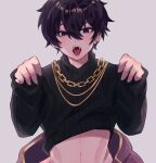  1boy ahoge artist_request blue_eyes chain chain_necklace clothes_lift crop_top earrings indie_virtual_youtuber jewelry long_hair male_focus necklace open_mouth purple_hair shirt_lift short_hair shoto_(vtuber) solo source_request stomach sweater tongue virtual_youtuber 