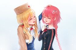  2girls bangs black_shirt blonde_hair blue_background blue_dress blush bow braid breasts brown_headwear brown_jacket closed_eyes cropped_jacket dokomon dress eyebrows_visible_through_hair girls_frontline gloves gradient gradient_background hand_up hat headpat jacket long_hair long_sleeves multiple_girls open_mouth pink_hair pps-43_(girls&#039;_frontline) ppsh-41_(girls&#039;_frontline) shirt single_braid small_breasts star_(symbol) thick_eyebrows very_long_hair white_bow white_gloves 