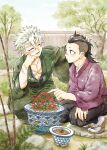  2boys black_hair black_pants closed_eyes day facing_another fence flipped_hair flower garden green_kimono hand_on_another&#039;s_head hand_on_own_thigh hand_up happy head_rest headpat highres hip_vent japanese_clothes kimetsu_no_yaiba kimono long_sleeves looking_at_another medium_hair mohawk multiple_boys outdoors outstretched_arm pants pectoral_cleavage pectorals plant pointing potted_plant red_flower sash scar scar_on_arm scar_on_chest scar_on_face scar_on_forehead scar_on_nose shinazugawa_genya shinazugawa_sanemi short_hair smile squatting tabi tree white_hair white_legwear wide_sleeves wooden_fence youraku zouri 