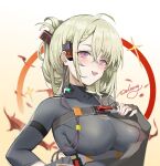  1girl bangs blush bodysuit braid breasts character_name collarbone de_lacey_(girls&#039;_frontline_nc) eyebrows_visible_through_hair girls&#039;_frontline_neural_cloud girls_frontline green_hair grey_bodysuit hair_ornament hand_on_own_chest harness highres jiggy_blunt large_breasts looking_at_viewer medium_hair multicolored_eyes nail_polish open_mouth smile solo star-shaped_pupils star_(symbol) symbol-shaped_pupils teeth upper_body upper_teeth 