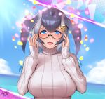  1girl anchor_hair_ornament blowhole blue_eyes blue_hair blue_whale_(kemono_friends) blush commentary dorsal_fin eyebrows_visible_through_hair glasses grey_hair hair_ornament hands_on_eyewear highres kemono_friends lips long_hair long_sleeves looking_at_viewer multicolored_hair ocean open_mouth smile solo sparkle sweater takebi turtleneck turtleneck_sweater upper_body white_sweater 