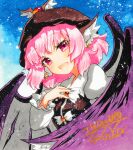  1girl animal_ears artist_name bad_id bad_pixiv_id bird_ears bird_wings blush brown_dress brown_headwear dress eyebrows_visible_through_hair fingernails frilled_sleeves frills long_fingernails long_sleeves mystia_lorelei open_mouth pink_eyes pink_hair qqqrinkappp sharp_fingernails short_hair signature smile solo touhou traditional_media upper_body white_wings winged_hat wings 