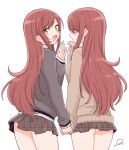  blush brown_hair brown_skirt brown_sweater closed_mouth collared_shirt facing_away flip_(diiolive) grey_sweater hand_on_own_face hand_up holding_hands idolmaster idolmaster_shiny_colors long_hair looking_at_viewer looking_back miniskirt oosaki_amana oosaki_tenka open_mouth plaid plaid_skirt school_uniform shirt siblings signature simple_background sisters skirt smile sweater thighs twins waving white_background white_shirt yellow_eyes 