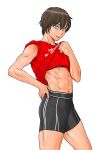  1girl abs aqua_eyes bare_arms black_sports_bra blush brown_hair clothes_lift cowboy_shot from_side hair_between_eyes hand_on_hip highres messy_hair mizuguchi_naoki muscular muscular_female navel parted_lips red_shirt saotome_senshu_hita_kakusu saotome_yae shirt shirt_lift short_hair simple_background sleeves_rolled_up solo sports_bra standing sweat t-shirt tomboy very_short_hair white_background 