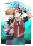  2boys :d backpack bag bangs baseball_cap black_shirt black_wristband blue_oak border brown_eyes brown_hair closed_mouth collared_shirt day green_pants hat highres holding holding_pokemon holding_umbrella jacket jewelry male_focus multiple_boys necklace norisukep open_mouth outdoors pants pokemon pokemon_(creature) pokemon_(game) pokemon_frlg purple_pants rainbow red_(pokemon) red_headwear red_jacket shirt short_hair sleeveless sleeveless_jacket smile spiky_hair squirtle symbol-only_commentary t-shirt tongue transparent transparent_umbrella umbrella vs_seeker white_border yellow_bag 