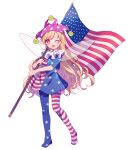  1girl ;d american_flag american_flag_dress american_flag_legwear blonde_hair clownpiece dress fairy_wings full_body hat highres jester_cap long_hair looking_at_viewer nig_18 one_eye_closed open_mouth pantyhose polka_dot red_eyes short_dress short_sleeves smile solo standing star_(symbol) striped touhou transparent_background very_long_hair wings 