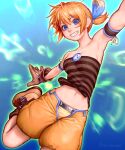  1girl armpits bare_shoulders blue_eyes breasts copyright_request foot_out_of_frame gengoroumaru_(ambidextrous) gloves grin highres looking_at_viewer medium_breasts midriff navel orange_hair short_twintails shorts simple_background smile solo star_(symbol) strapless tube_top twintails 