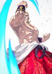  1boy abs blonde_hair blue_eyes geese_howard grin hakama hakama_skirt highres japanese_clothes jewelry large_pectorals looking_at_viewer male_focus pectorals pendant reppuken short_hair simple_background skirt smile solo standing the_king_of_fighters the_king_of_fighters_xv white_background yagi2013 