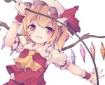  blonde_hair commentary_request cycloneyukari eyebrows_visible_through_hair fang flandre_scarlet frilled_shirt_collar frills hair_between_eyes hat holding holding_polearm holding_weapon long_sleeves looking_at_another medium_hair mob_cap multicolored_wings open_mouth orange_eyes polearm puffy_long_sleeves puffy_sleeves red_skirt red_vest shirt side_ponytail skin_fang skirt spear_the_gungnir touhou upper_body vest weapon white_background white_headwear white_shirt wings 