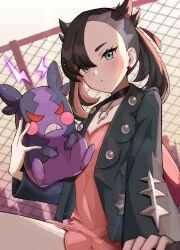  1girl asymmetrical_bangs black_choker black_hair black_jacket black_nails blush choker closed_mouth dress earrings green_eyes hair_ribbon jacket jewelry long_sleeves looking_at_viewer marnie_(pokemon) morpeko morpeko_(hangry) open_clothes pink_dress pokemon pokemon_(creature) pokemon_swsh red_ribbon ribbon setta_shu solo twintails 
