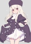  1girl blush capelet coat coat_dress cowboy_shot dress fate/stay_night fate_(series) gamuo grey_background hat highres illyasviel_von_einzbern long_hair looking_at_viewer open_mouth papakha red_eyes scarf skirt_hold smile solo white_dress white_hair white_scarf 