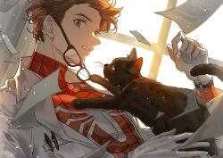  1boy animal_ears animal_nose animal_print black-framed_eyewear black_cat black_fur bodysuit breast_pocket brown_eyes brown_hair cat cat_ears cat_tail chinese_commentary coat collar colored_sclera danmo222 glasses gloves hand_up highres indoors lab_coat lapels long_sleeves looking_at_viewer male_focus marvel open_clothes open_coat paper pen peter_parker pocket red_bodysuit red_collar short_hair spider-man spider-man_(series) spider_print spider_web_print superhero_costume tail teeth upper_body watch watch white_coat white_gloves window yellow_sclera 