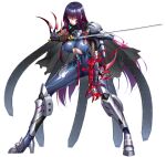  1girl akiyama_rinko armor bad_source breasts cape clothing_cutout cyborg glowing_lines gradient_hair greaves high_heels holding holding_sword holding_weapon huge_breasts katana long_hair looking_at_viewer mechanical_arms mechanical_parts multicolored_hair official_art pauldrons purple_hair redhead serious shoulder_armor single_mechanical_arm single_pauldron sword taimanin_(series) taimanin_rpgx taimanin_suit underboob_cutout very_long_hair violet_eyes weapon 