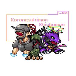  all_fours black_fur body_fur character_name closed_eyes cyborg digimon green_eyes halo haopanyo helmet highres hololive horns listener_(inugami_korone) pixel_art shiokko_(murasaki_shion) simple_background single_horn upper_body white_background 