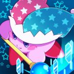  blue_eyes copy_ability hat holding holding_wand honcha jester_cap kirby kirby_(series) multicolored_clothes multicolored_headwear no_humans smile solo star_(symbol) wand 