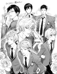  1girl 6+boys collared_shirt commentary_request flower fujioka_haruhi glasses greyscale haninozuka_mitsukuni highres hitachiin_hikaru hitachiin_kaoru lllistn looking_at_viewer monochrome morinozuka_takashi multiple_boys ootori_kyouya ouran_high_school_host_club rose school_uniform shirt short_hair siblings sparkle suou_tamaki swept_bangs twins twitter_username 