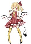  1girl bangs blonde_hair blush crystal dress eyebrows_visible_through_hair flandre_scarlet full_body hair_between_eyes hair_ribbon hand_up laevatein_(tail) looking_at_viewer neck_ribbon no_hat no_headwear no_shoes one_side_up open_mouth paragasu_(parags112) red_dress red_eyes red_ribbon ribbon shirt short_hair simple_background sketch skirt_hold sleeveless sleeveless_shirt solo standing striped striped_dress striped_legwear tail thigh-highs touhou vertical-striped_dress vertical-striped_legwear vertical_stripes white_background wings yellow_legwear yellow_ribbon 