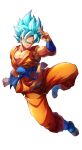 1boy absurdres arm_up belt blue_belt blue_eyes blue_footwear blue_hair closed_mouth dougi dragon_ball dragon_ball_z full_body highres looking_at_viewer male_focus muscular muscular_male pectoral_cleavage pectorals short_hair simple_background sireia_round smile solo son_goku spiky_hair super_saiyan super_saiyan_blue white_background