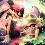  2girls bare_shoulders black_dress black_hair callie_(splatoon) clenched_teeth commentary_request domino_mask dress earrings fangs gloves highres jewelry kuroi_susumu looking_at_viewer lying marie_(splatoon) mask mole mole_under_eye multiple_girls on_stomach open_mouth pointy_ears sitting smile splatoon_(series) splatoon_1 teeth tentacle_hair twintails white_gloves white_hair yellow_eyes 
