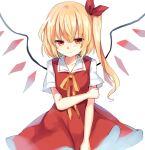  1girl ascot bangs blonde_hair blush closed_mouth collared_shirt crystal dress dutch_angle expressionless eyebrows_visible_through_hair fang flandre_scarlet hair_between_eyes hair_ribbon looking_at_viewer no_hat no_headwear one_side_up paragasu_(parags112) puffy_short_sleeves puffy_sleeves red_dress red_eyes red_ribbon ribbon shirt short_hair short_sleeves simple_background solo touhou white_background white_shirt wings yellow_ascot 