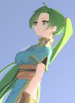  1girl bangs blue_background blue_dress brown_gloves commentary dated_commentary dress earrings fire_emblem fire_emblem:_the_blazing_blade gloves green_eyes green_hair jewelry long_hair lyn_(fire_emblem) ponytail short_sleeves skeptycally solo very_long_hair 