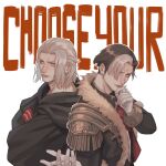  2boys absurdres back-to-back black_coat black_robe brown_hair coat crossed_arms dual_persona emet-selch english_text epaulettes final_fantasy final_fantasy_xiv finger_to_own_chin fixmeplz fringe_trim from_side fur-trimmed_coat fur_trim garlean gloves grey_hair hair_over_one_eye highres hood hood_down hooded_robe looking_at_viewer male_focus mask mask_removed multicolored_hair multiple_boys short_hair simple_background smile spoilers streaked_hair third_eye two-tone_hair upper_body white_background white_gloves yellow_eyes 