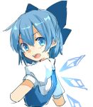  1girl :d bangs blue_bow blue_dress blue_eyes blue_hair blush bow cirno collared_shirt dress eyebrows_visible_through_hair from_side hair_between_eyes hair_bow ice ice_wings looking_at_viewer looking_back open_mouth paragasu_(parags112) puffy_short_sleeves puffy_sleeves shirt short_hair short_sleeves simple_background smile solo teeth touhou upper_body upper_teeth v-shaped_eyebrows white_background white_shirt wings 