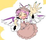  1girl animal_ears arm_up bird_ears bird_wings blush brown_dress brown_headwear closed_eyes dress eyebrows_visible_through_hair fang fingernails frilled_sleeves frills green_nails ini_(inunabe00) long_fingernails long_sleeves mystia_lorelei nail_polish open_mouth pink_hair sharp_fingernails short_hair skin_fang smile solo touhou white_wings wide_sleeves winged_hat wings 
